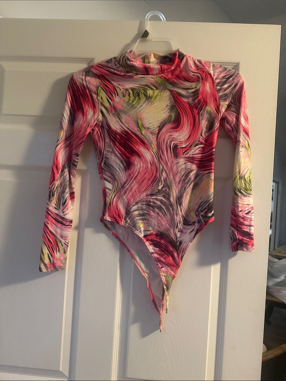 Fashion Nova Pink Swirl Long-Sleeve Mock Neck Bodysuit